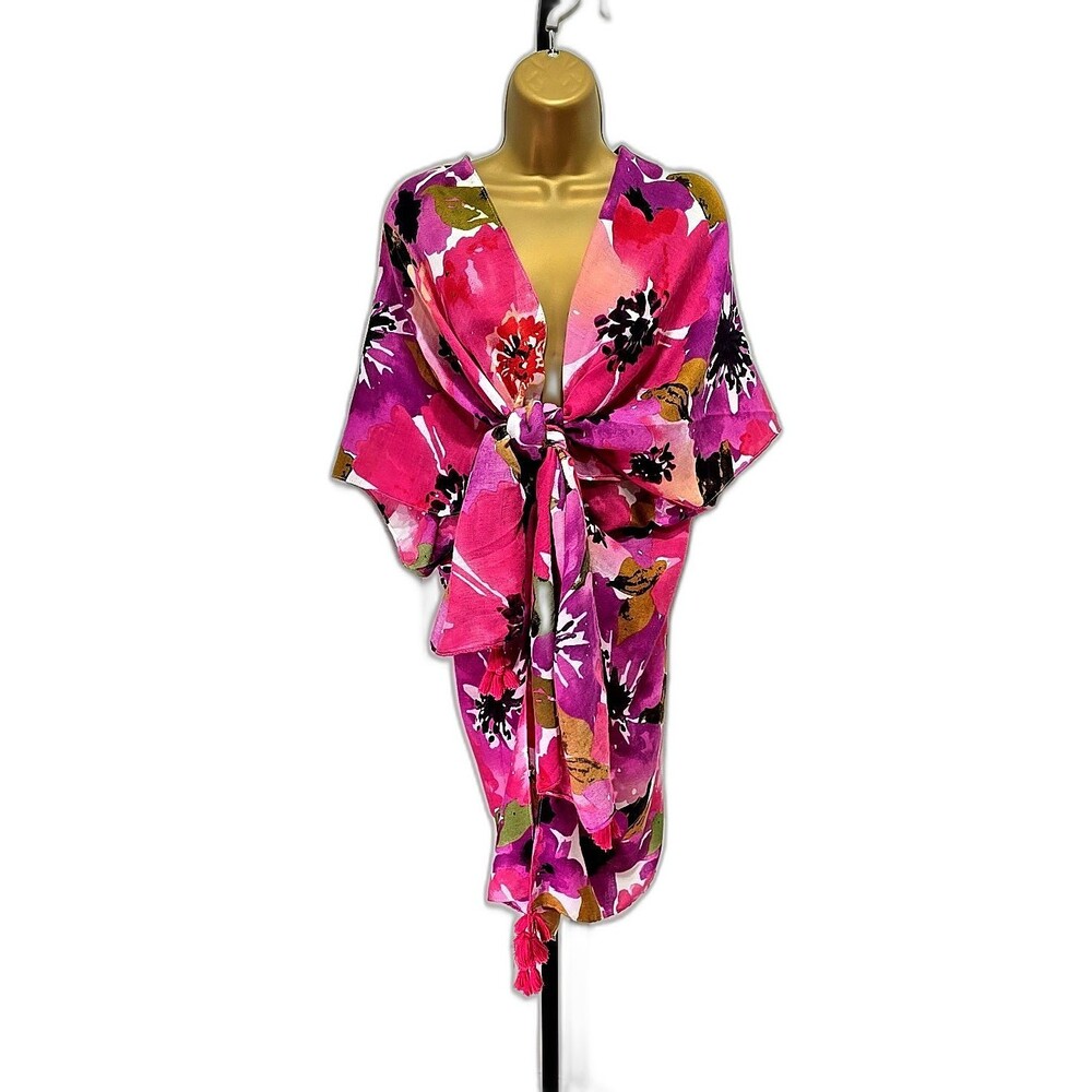 Fuschia Pink Floral Cover Wrap OSFA Soft Flowy Indie Beach Boho Romantic Tassels